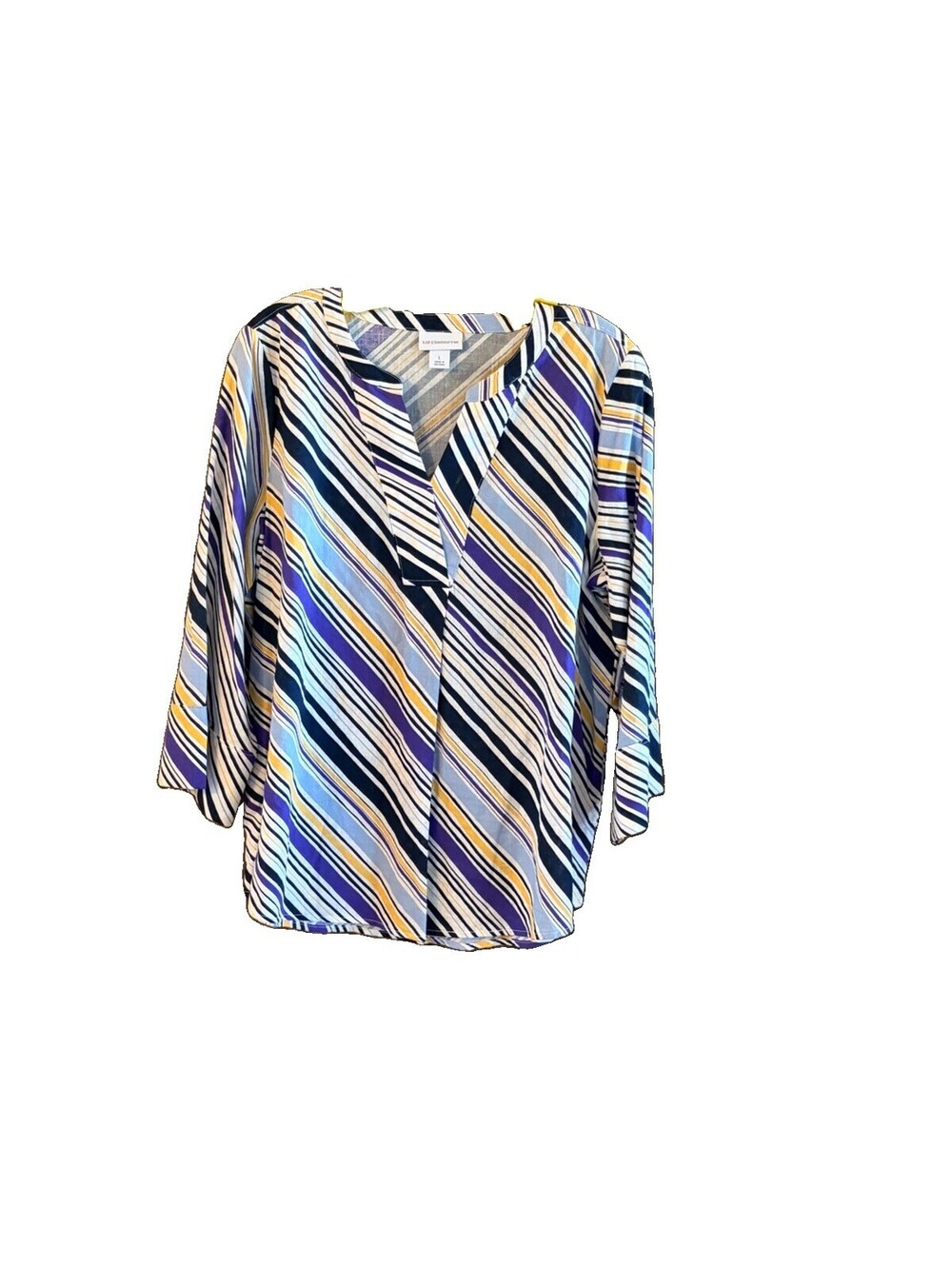 Liz Claiborne L Linen Blend Striped Blouse Pullover V Neck 3/4 Sleeve